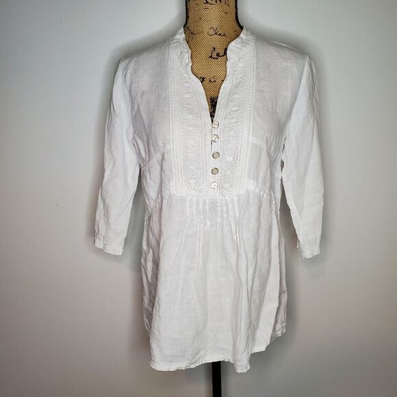 Lungo Larno 100% Linen White Button-Up Blouse Size S - Picture 1 of 8